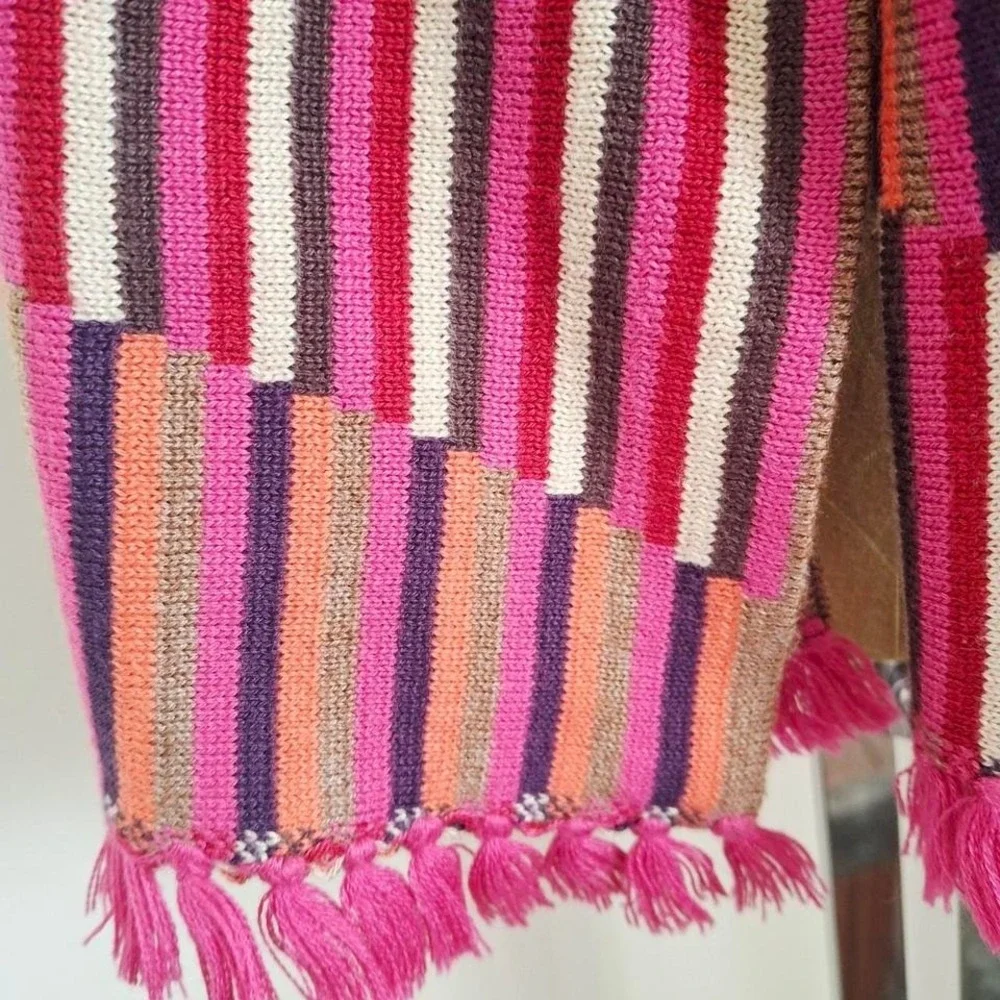 Pink Multicolor striped knit Echo‎ scarf with fringe colorful funky luxury